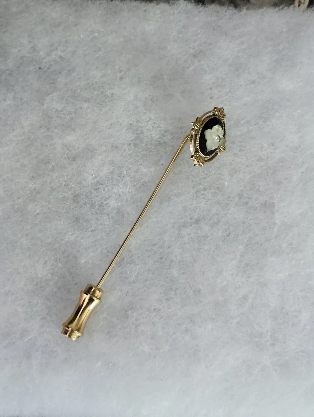 Vintage Gold Tone Floral Stick Pin with Black and White Accents